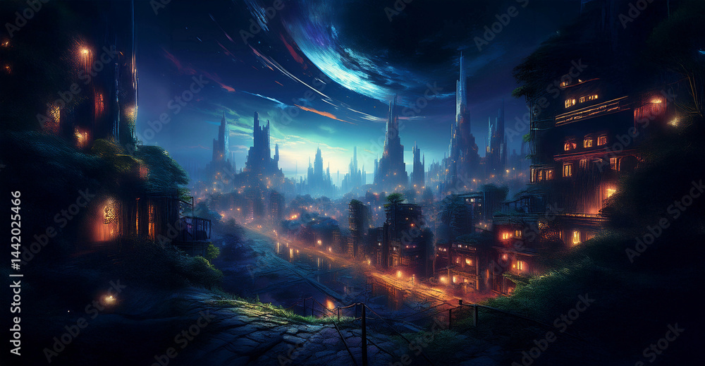 星降る未来都市 静寂と光が交差するサイバーファンタジーの街並み 星降る未来都市 静寂と光が交差するサイバーファンタジーの街並み