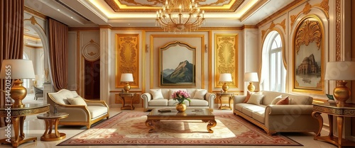 Opulent Dubai-inspired living room with gold accents and plush furnishings, velvet, mansion
