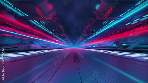 Fast Ride at Futuristic Neon Tunnel with Speed Light Trails in Sci-Fi Environment. Professional 4K Video Loop for E-sports advertising.	