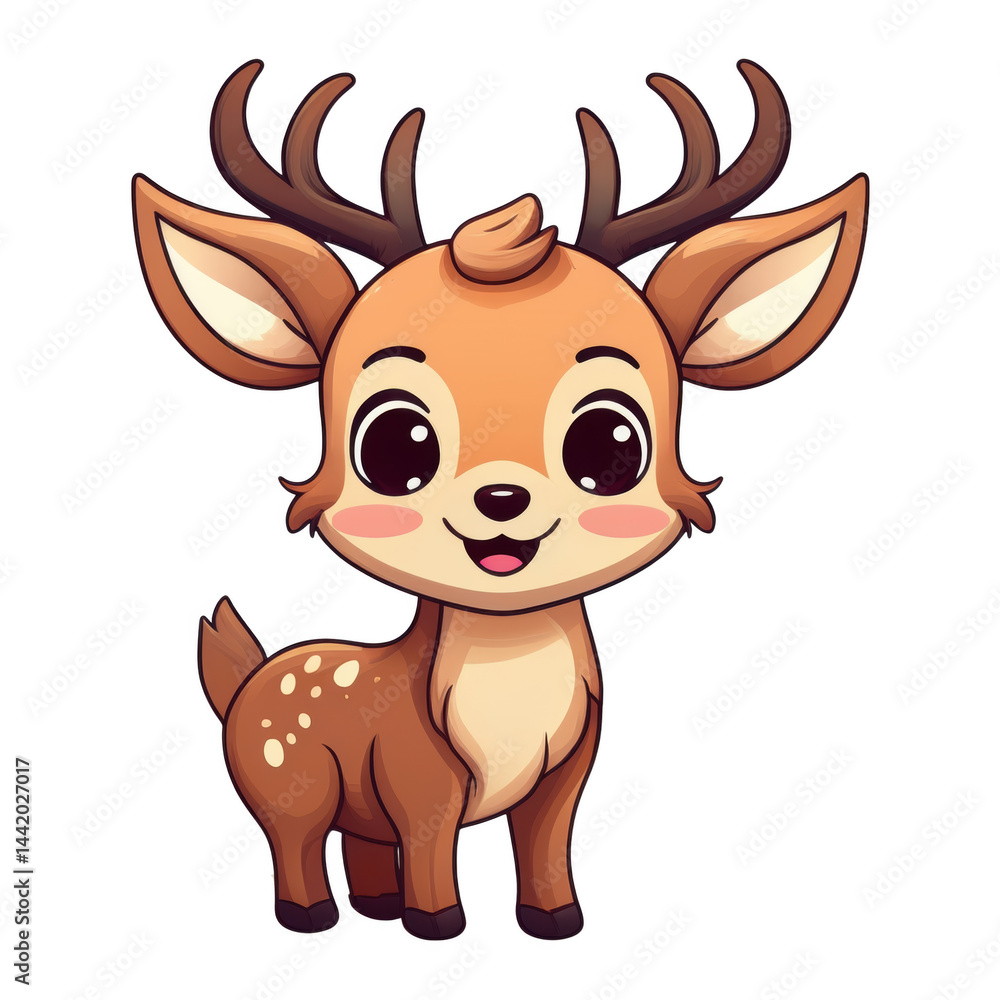 Cute cartoon deer with large eyes and antlers, smiling happily with joyful expression, featuring soft brown fur and white spots on its back