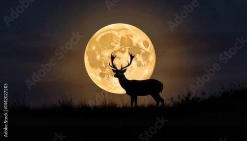 Majestic deer silhouetted against full moon in serene prairie, wildlife