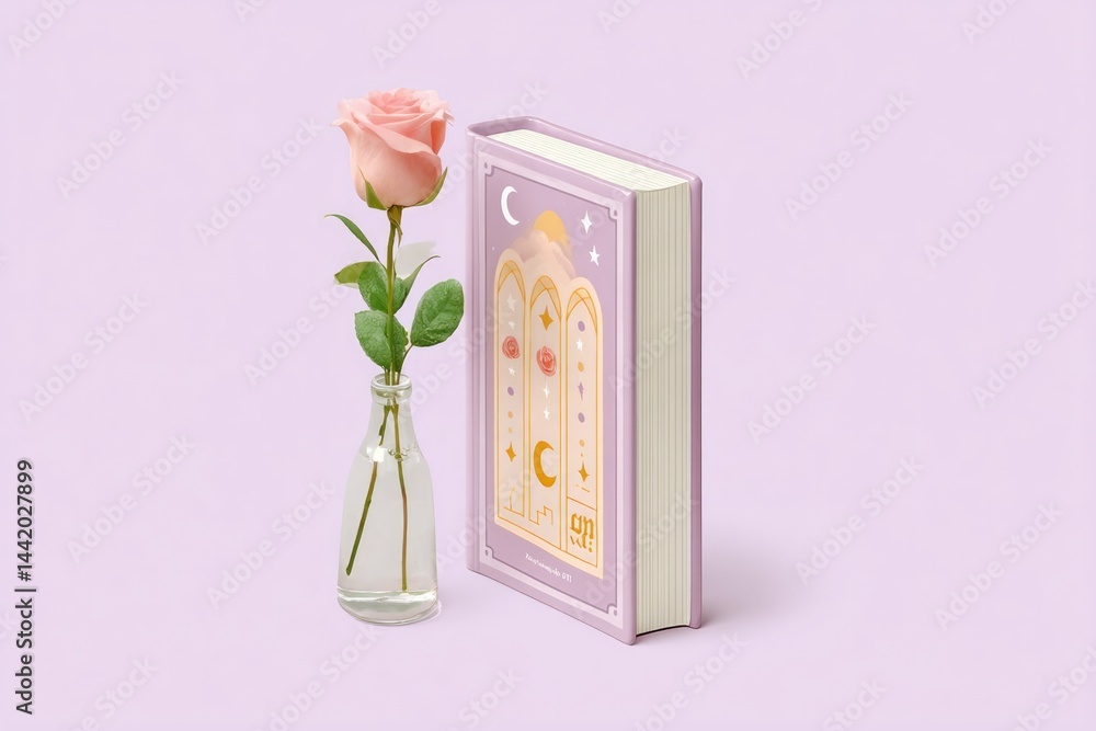 Celestial Inspired Book Cover Mockup Featuring a Rose in a Vase on a Pastel Background