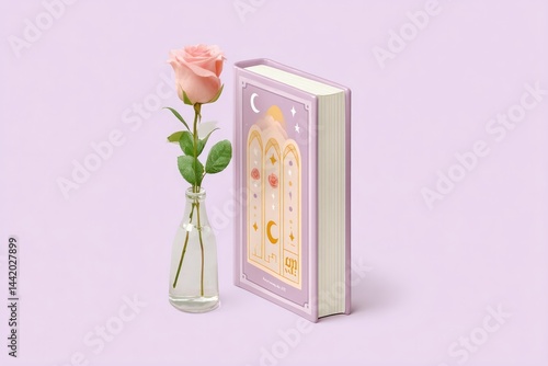 Obraz na płótnie Celestial Inspired Book Cover Mockup Featuring a Rose in a Vase on a Pastel Background w salonie