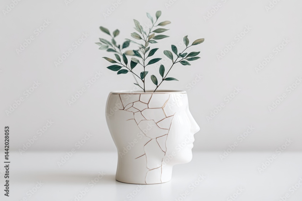 Ceramic Head Planter With Cracked Surface and Sprouting Leaves Showcases Unique Art and Nature Integration in a Minimalist Interior