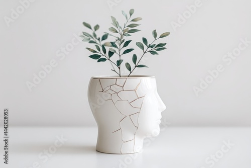 Obraz na płótnie Ceramic Head Planter With Cracked Surface and Sprouting Leaves Showcases Unique Art and Nature Integration in a Minimalist Interior w salonie
