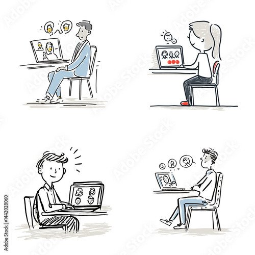 Hand-drawn illustration of people having a video call. Great for online meetings, remote work, digital communication, or virtual learning concepts. Isolated on white background.

