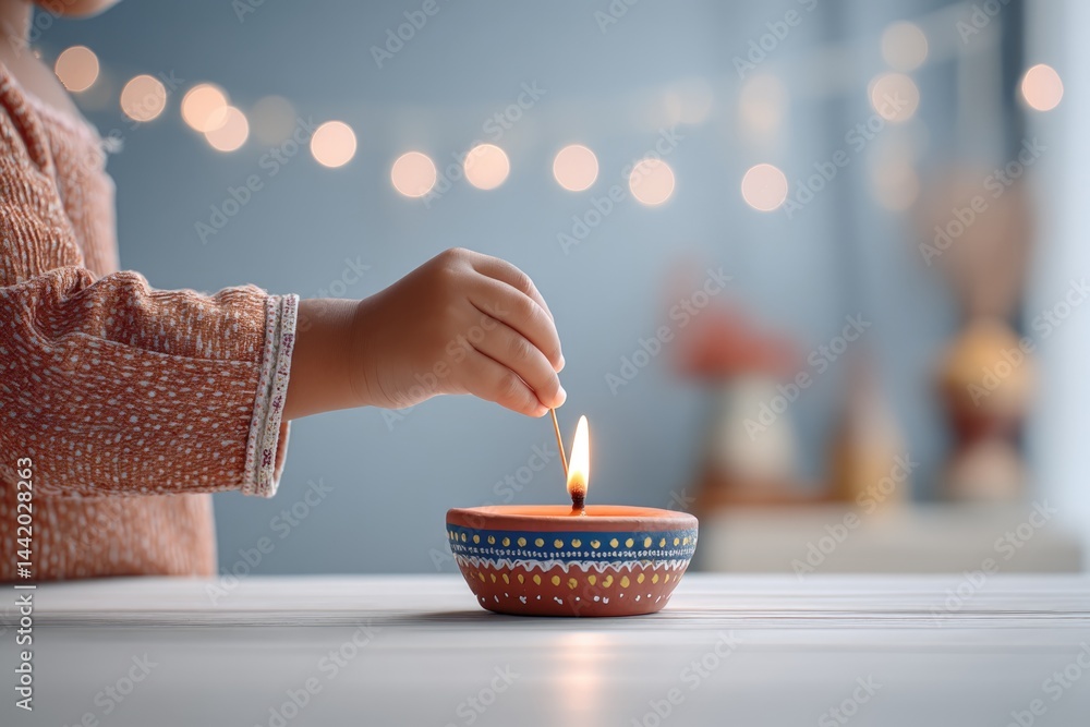 Child's Hands Carefully Lighting a Small Oil Lamp With a Match in a Softly Lit Room for a Festive Celebration