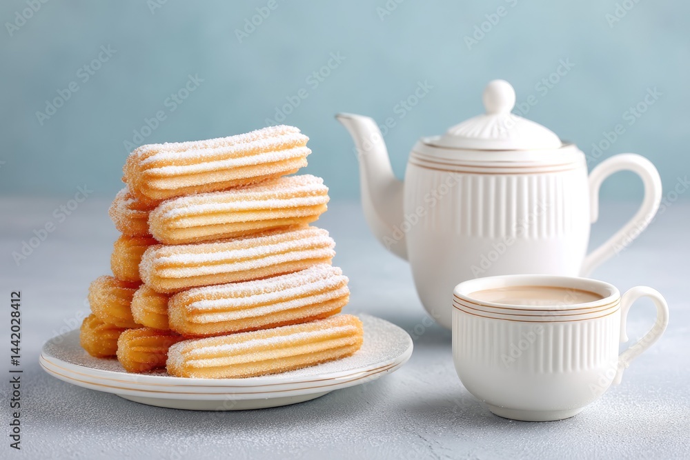 Delightful Churros Stacked on a Ceramic Plate Paired With Tea and a Cup, Ideal for an Afternoon Treat
