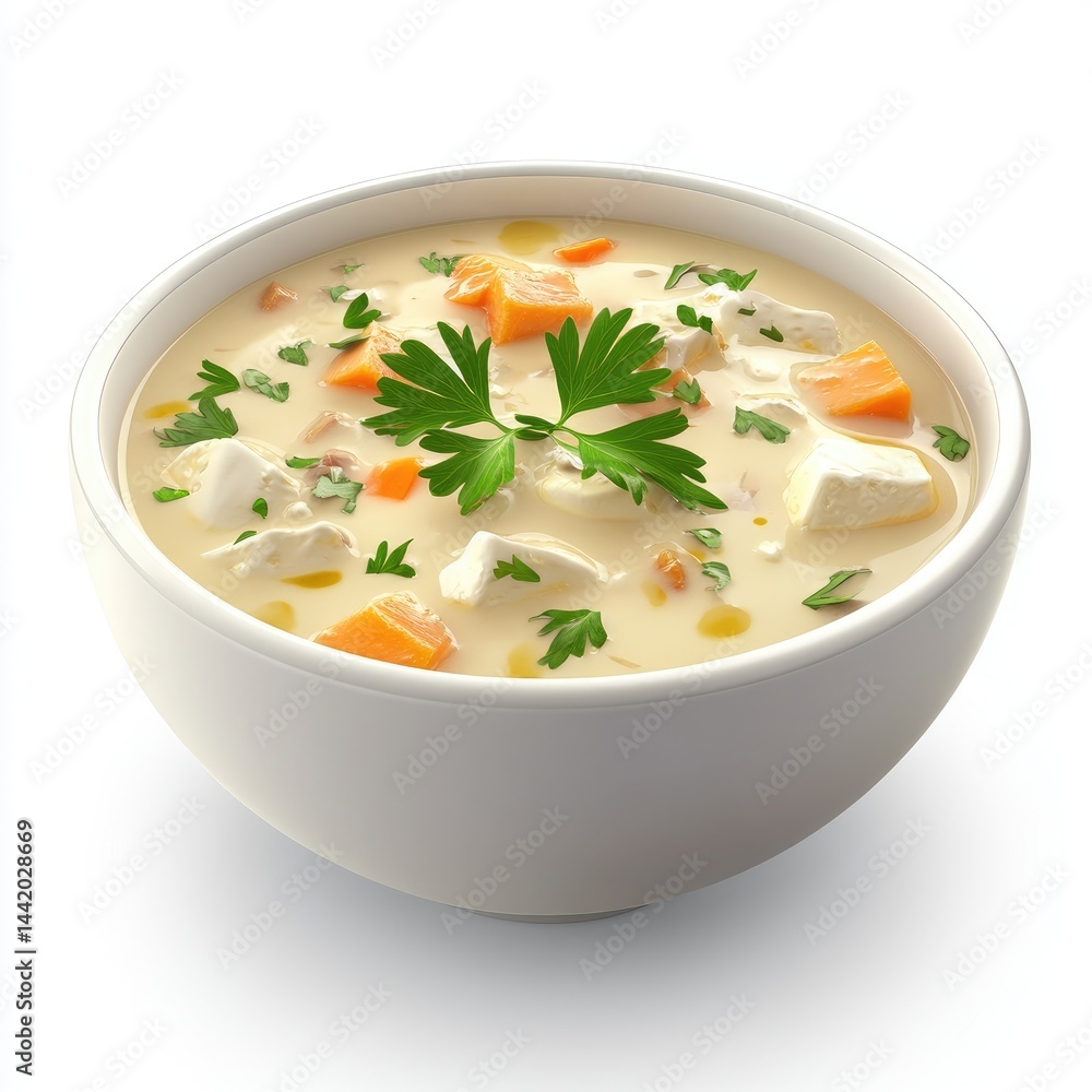 Creamy chicken and vegetable soup in a white bowl. Creamy chicken and vegetable soup in a white bowl.