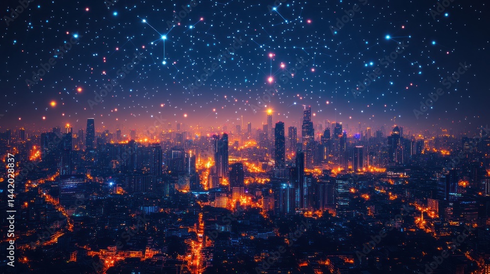 Fototapeta premium Night Cityscape Under Starry Sky: An Urban Celestial View