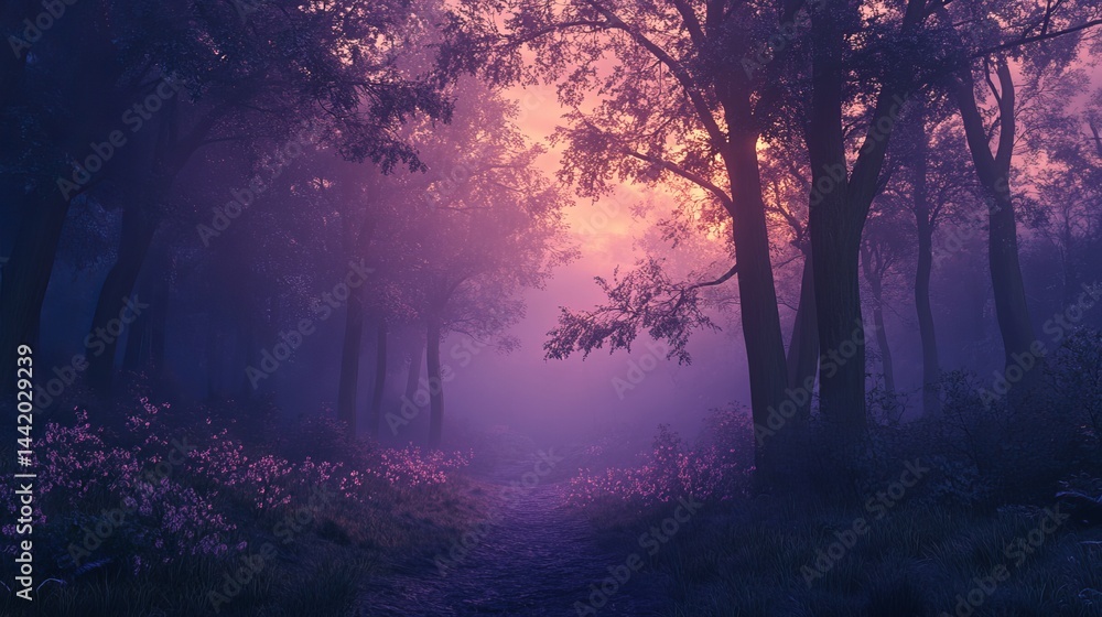 Obraz premium Serene purple sunset forest path magical misty woods nature scene fog pink calm haze mood soft dark