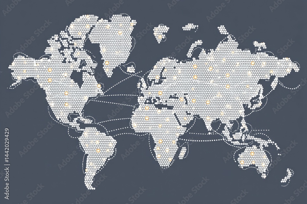 Stylized Vector Representation of a World Map With Interconnected Nodes Highlighting Global Connections and Relationships