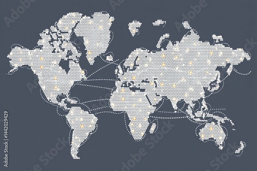 Obraz na płótnie Stylized Vector Representation of a World Map With Interconnected Nodes Highlighting Global Connections and Relationships w salonie