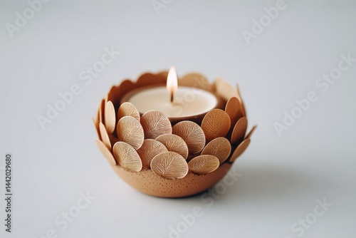 Obraz na płótnie Close-up of a Clay Candle Holder Featuring Intricate Vesak Designs Illuminated by a Warm Flame w salonie