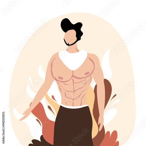 Strong masculine shirtless man autumn outdoor illustration