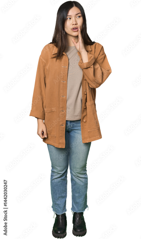 Full-body young Chinese woman is saying a secret hot braking news and looking aside Full-body young Chinese woman is saying a secret hot braking news and looking aside
