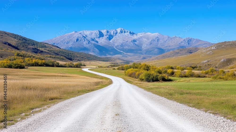 Fototapeta premium Winding road through autumnal countryside leading to majestic mountains