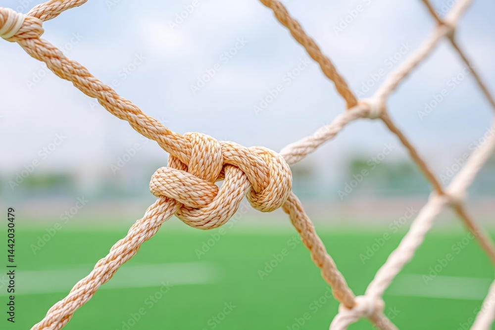 Close-up View of Intricately Knotted Soccer Net Emphasizing the Craftsmanship of the Mesh Design Against a Blurred Field Backdrop Close-up View of Intricately Knotted Soccer Net Emphasizing the Craftsmanship of the Mesh Design Against a Blurred Field Backdrop