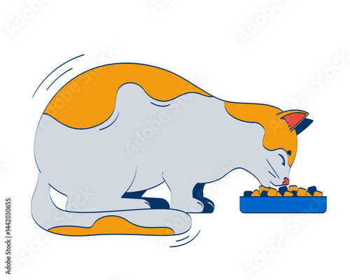 Hungry cat eating kibble from bowl 2D doodle character. Kitty pet nutrition. Cute feline pet feeding meal cartoon animal vector drawing isolated on white. Hand drawn illustration colorful
