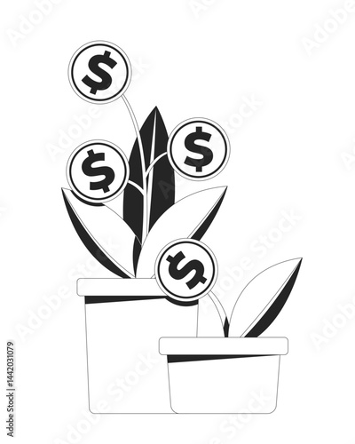 Financial growth with coin plants potted 2D line object. Profit investment, savings cultivation. Dollar money flowerpots growing isolated clipart vector ink outline item. Monochrome spot illustration