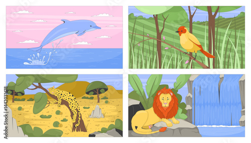 Wildlife animals in natural habitats flat illustrations set. Dolphin jumping, bird grassland, lion, leopard sleeping 2D characters cartoon backgrounds. Colorful scenes vector art images collection