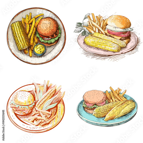 Hand-drawn illustrations of burger plates with fries and corn. Ideal for fast food menus, American cuisine, and retro-style restaurant designs.

