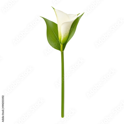 Elegant white flower with green stem and leaves on a dark background Isolated on transparent background