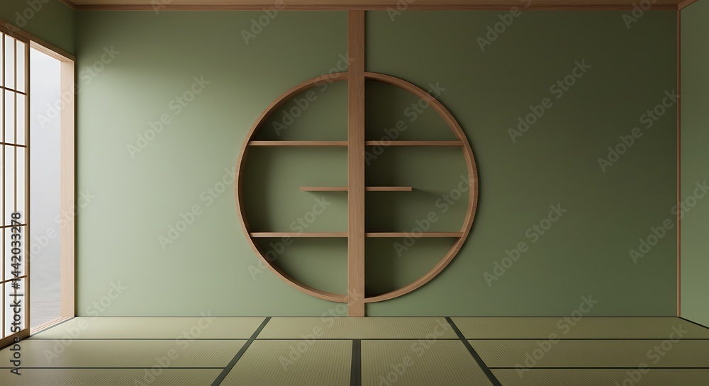 Empty room, Circle shelf wall design, green empty room japanese deisgn, tatami mat floor. Empty room, Circle shelf wall design, green empty room japanese deisgn, tatami mat floor.