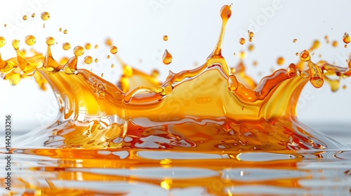 Yellow liquid forming wide splash crown with each droplet rendered precisely and suspended mid-air over bright white background. Abstract dynamic concept