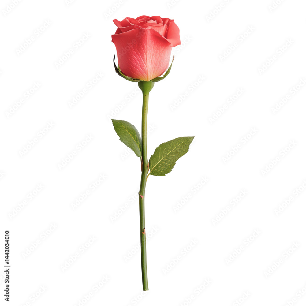 Elegant Pink Rose on Stem with Green Leaves Against White Isolated on transparent background Elegant Pink Rose on Stem with Green Leaves Against White Isolated on transparent background