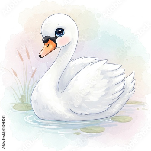 Watercolor illustration of a cute white swan