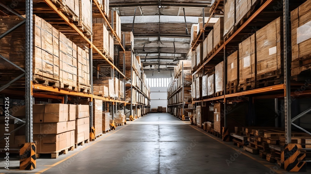 Organized shelves in a spacious warehouse, bathed in natural light. Efficiency meets simplicity in a clean industrial space Organized shelves in a spacious warehouse, bathed in natural light. Efficiency meets simplicity in a clean industrial space