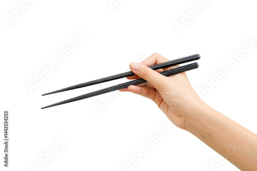 Black chopsticks hand on white background