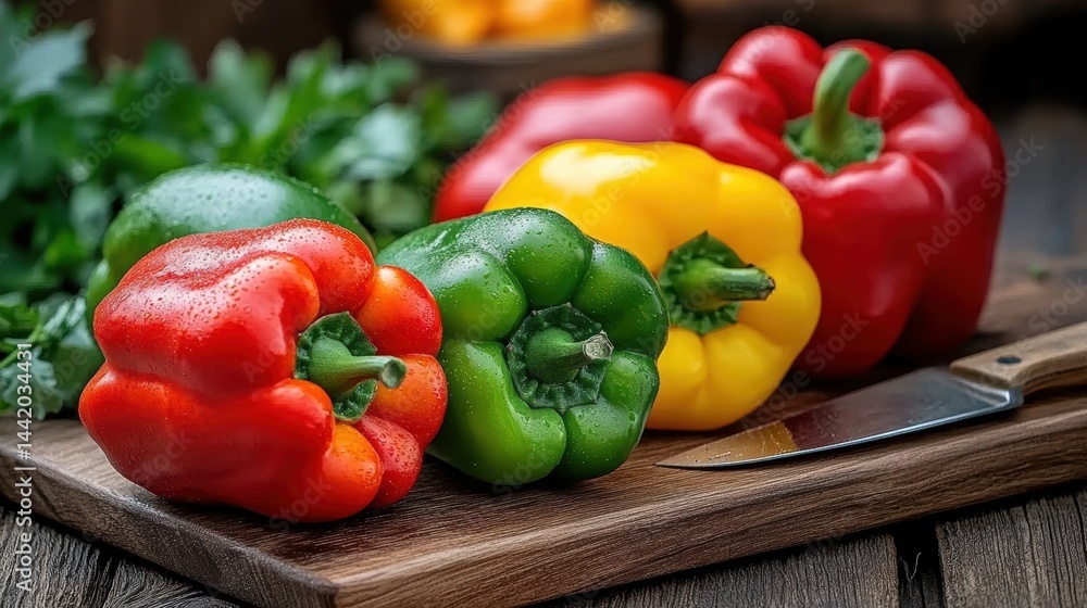 Fresh and vibrant bell peppers in various colors are arranged on a wooden cutting board, alongside a sharp knife, Ideal for use in cooking blogs, recipe books, or health-related content, Fresh and vibrant bell peppers in various colors are arranged on a wooden cutting board, alongside a sharp knife, Ideal for use in cooking blogs, recipe books, or health-related content,