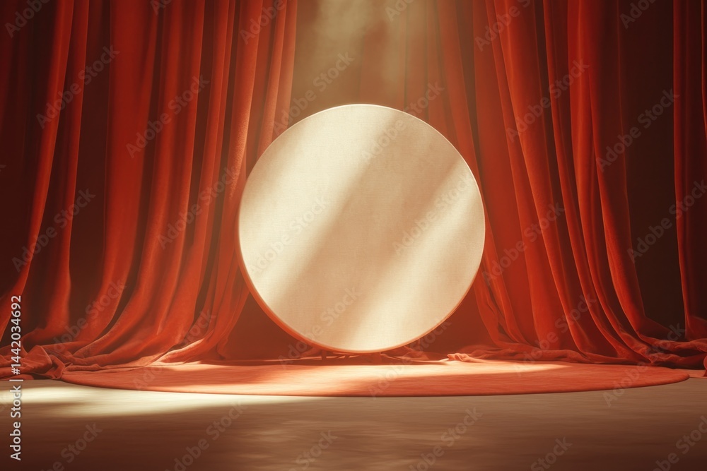 Dramatic Theater Stage With Red Velvet Curtains and a Circular Platform Illuminated by Soft Lighting