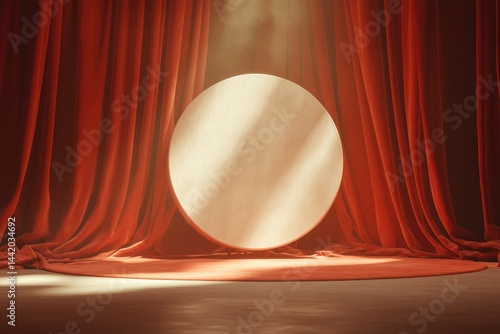 Obraz na płótnie Dramatic Theater Stage With Red Velvet Curtains and a Circular Platform Illuminated by Soft Lighting w salonie
