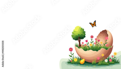 Colorful vector illustration of eggshell with flowers and tree, for springtime cards . with transparent background