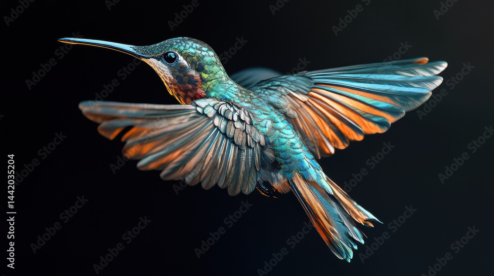Obraz premium Magnificent detailed image of a colorful hummingbird in mid-flight showcasing vibrant feathers and extended beak against a dark background