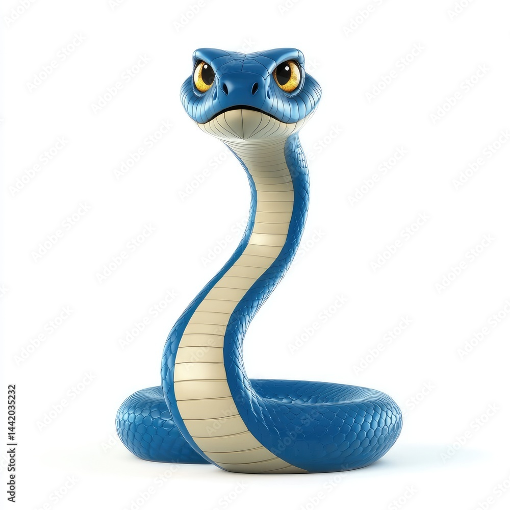 Fototapeta premium Cartoonish blue snake with a fierce expression.