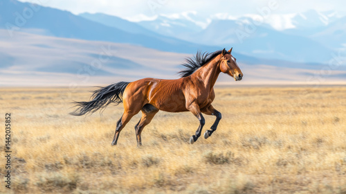 Elegant brown horse galloping freely across vast open grassland under clear blue sky with distant mountains in background du daytime