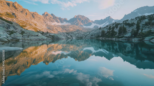 Serene mountain landscape with clear reflective lake surrounded by rugged peaks and lush pine trees under bright blue sky and soft clouds du daytime