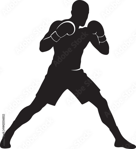 boxing silhouette in defensive stance, bold graphic of athlete preparing for combat and physical challenge