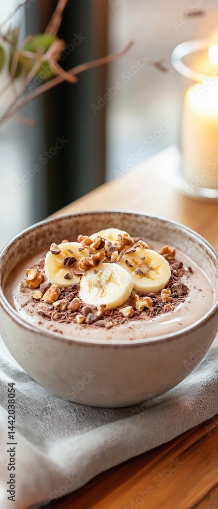 Bowl of chocolate smoothie on a wooden table. the smoothie is topped with sliced bananas and chopped nuts. the bowl is light brown in color and is sitting on a gray cloth napkin. Bowl of chocolate smoothie on a wooden table. the smoothie is topped with sliced bananas and chopped nuts. the bowl is light brown in color and is sitting on a gray cloth napkin.