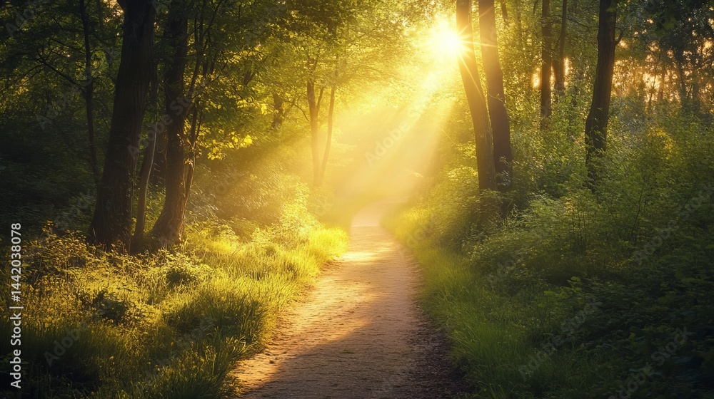Obraz premium Sunlit path through lush green summer forest trees sunlight nature day walk calm beams trail woods