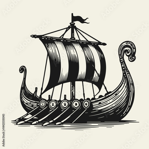 Drakkar, Viking warship, monochrome vector illustration isolated on white background