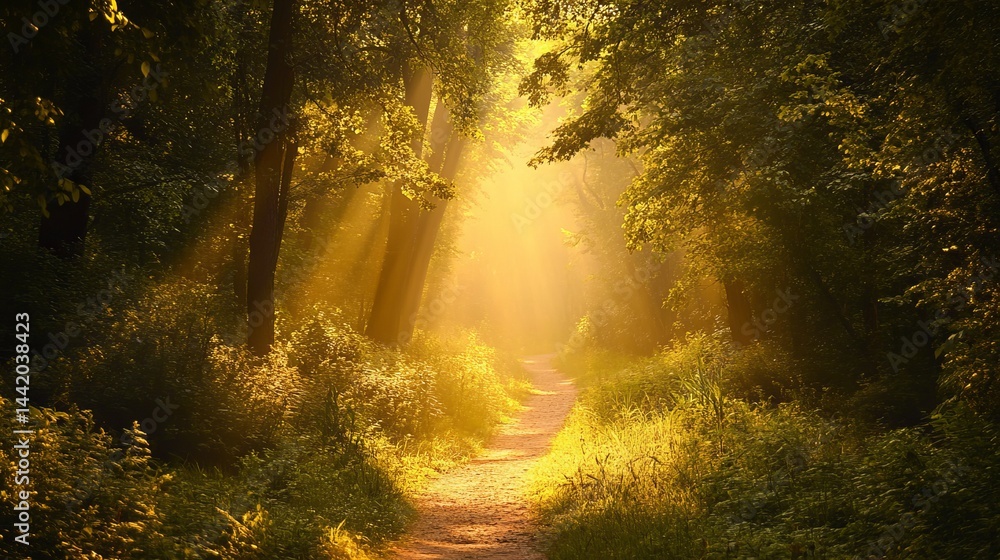 Obraz premium Golden sunlight path through lush green summer forest trees way rays calm view park walk woods trail