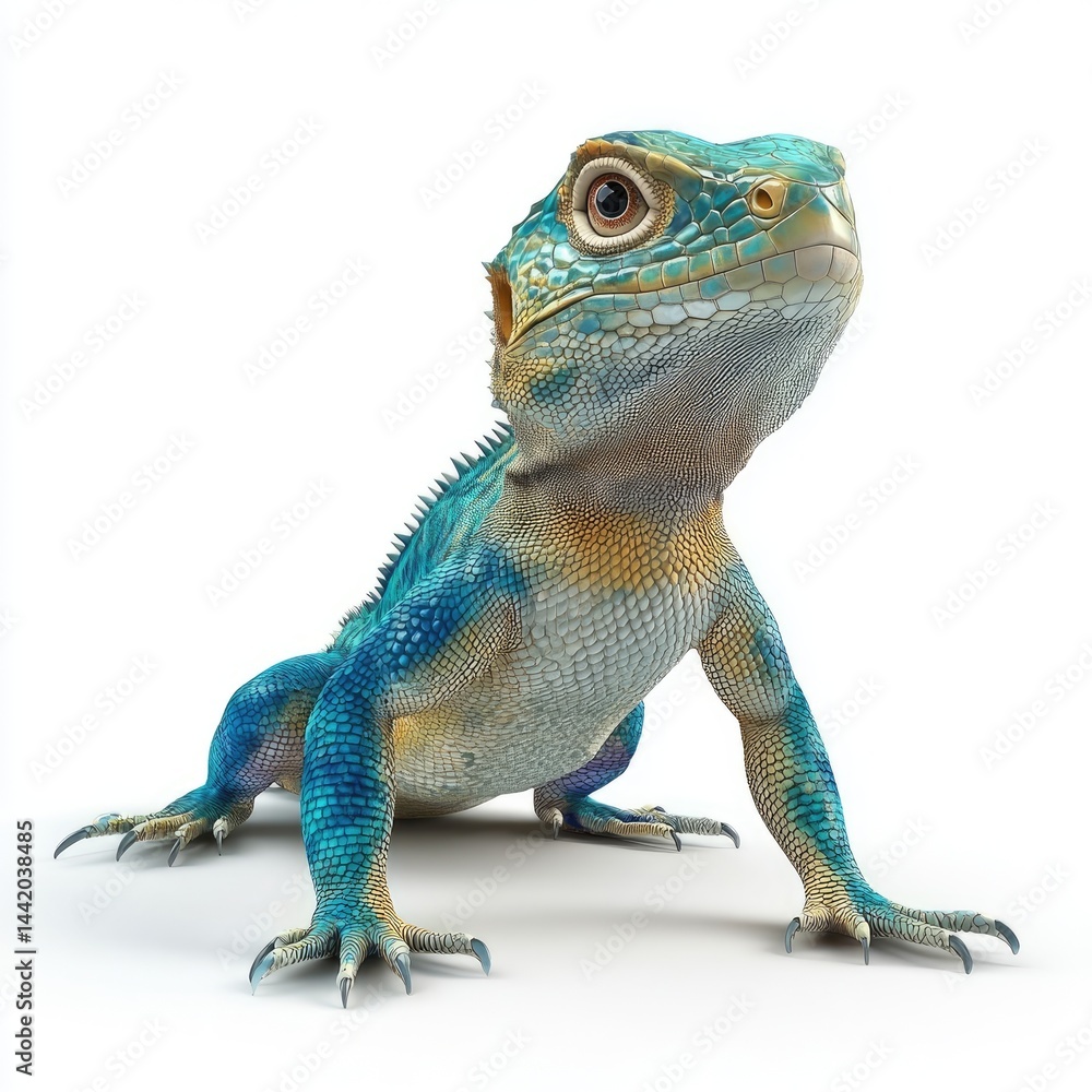 Obraz premium Vibrant blue and yellow lizard stares intently.