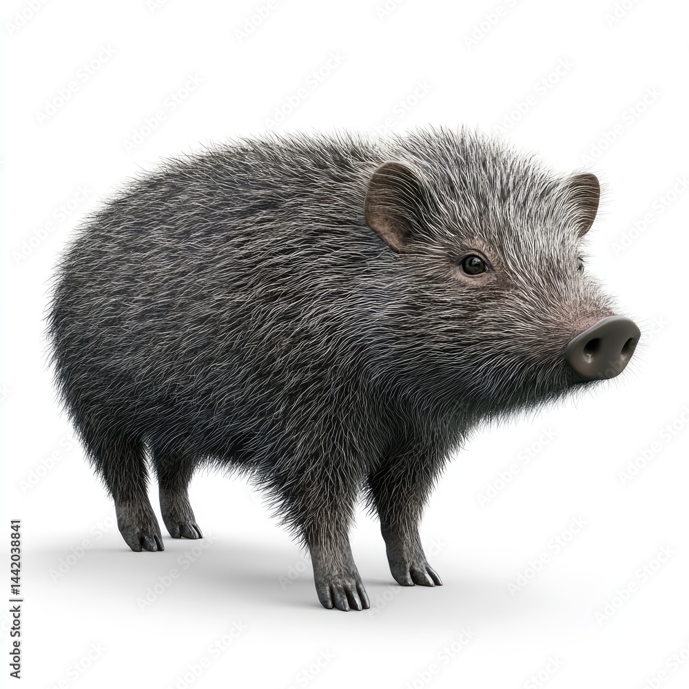 Grayish-hued, small wild pig against a white background. Grayish-hued, small wild pig against a white background.