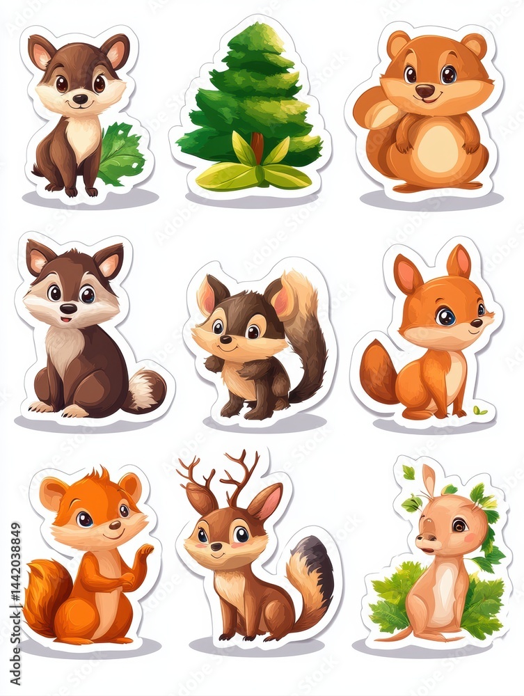 Obraz premium Playful cartoon animals and a tree design create a cheerful scene, perfect for kids' illustrations, educational materials, or digital stickers in nature-themed projects,
