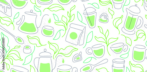 Matcha tea, green leaves Line art seamless pattern